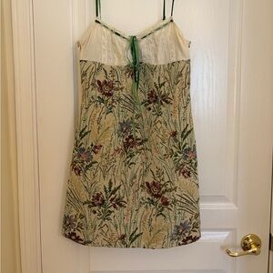 Green Vintage Flower Print Dress: Jacquard Floral Knotted Mini Dress - Cider